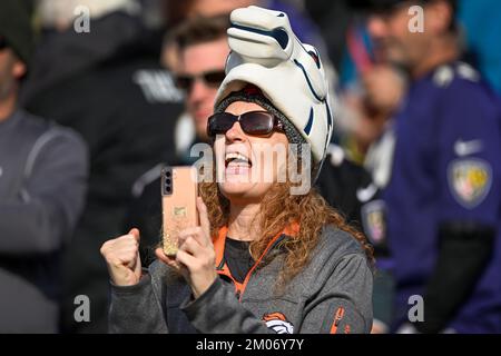 Baltimore, Usa. 04.. Dezember 2022. Ein Fan der Denver Broncos jubelt am Sonntag, den 4. Dezember 2022, im M&T Bank Stadium in Baltimore, Maryland, gegen die Baltimore Ravens. Foto: David Tulis/UPI Credit: UPI/Alamy Live News Stockfoto