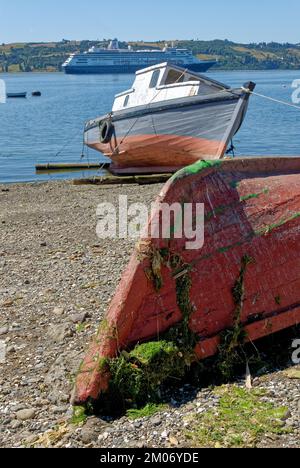 MS Zaandam Kreuzfahrtschiff in Golfo de Ancud auf Chilo Island. Castro ist eine Stadt auf Chilo Island im chilenischen Seengebiet. 11.. Januar 2014 - Castro Chi Stockfoto