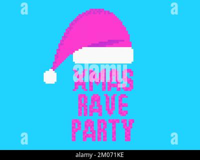 Weihnachten Rave-Party. Pixel Santa Hut und Text auf blauem Hintergrund. Fröhliche Weihnachts-Rave-Party. Pixel Art Design für Poster, Banner und Werbeartikel Stock Vektor