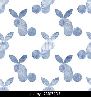 Wasserfarbenes marineblaues, nahtloses Muster mit Kaninchendesign auf weißem Hintergrund. Handgezeichnete Wasserfarben, einfache geometrische zeitgenössische Kunstform, Drucktempel Stockfoto