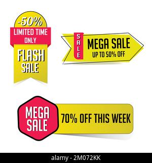 Sammlung von Verkaufsetiketten, Design des Rabattetiketts, Sammlung des Rabattetiketts, Design des Rabattetiketts mit weißem Hintergrund. Stock Vektor