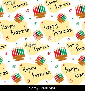 Nahtloses Kwanzaa-Muster. Abstrakte Hintergrundtextur mit Kerzenhalter und Happy Kwanzaa-Inschrift. Isolieren. Design für Beschriftung, Umhüllung, Verpackung oder Bahn. Gut für Poster, Banner, Broschüren. EPS Stock Vektor