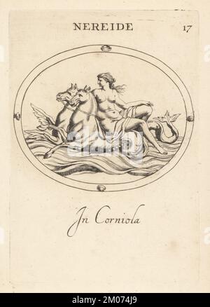 Seenymphe oder Nereid reitet auf zwei Hippocamps im Ozean. In Cornelian. Nereide in Corniola. Kupferplatten-Gravur von Giovanni Battista Galestruzzi nach Leonardo Agostini aus Gemmae et Sculpturae Antiquae Depicti ab Leonardo Augustino Senesi, Abraham Blooteling, Amsterdam, 1685. Stockfoto