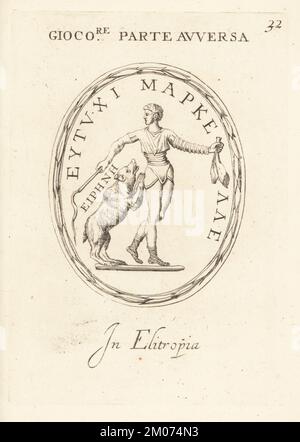 Marcello, römischer Jongleur oder Entertainer mit Bär. Bei heliotropen. Der Trainer lockt den Bären zum Tanzen mit Peitsche und Fleisch an. Giocore Givocolatore Parte Avversa bei Elitropie. Kupferplatten-Gravur von Giovanni Battista Galestruzzi nach Leonardo Agostini aus Gemmae et Sculpturae Antiquae Depicti ab Leonardo Augustino Senesi, Abraham Blooteling, Amsterdam, 1685. Stockfoto