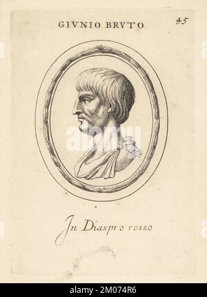 Bruchprofil von Junius Brutus in rotem Jasper. Marcus Junius Brutus, 85-42 v. Chr., römischer Politiker, Redner und Mörder von Julius Cäsar. Giunio Bruto in diaspro rosso. Kupferplatten-Gravur von Giovanni Battista Galestruzzi nach Leonardo Agostini aus Gemmae et Sculpturae Antiquae Depicti ab Leonardo Augustino Senesi, Abraham Blooteling, Amsterdam, 1685. Stockfoto