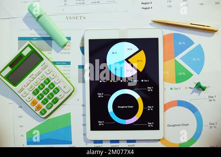 Tablet-pc, Taschenrechner, Dokumente und Diagramme am Schreibtisch. Stockfoto