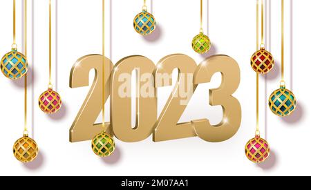 Frohes Neues Jahr 2023. Frohe Weihnachten. Vorlage für Grußkarte, Banner, Flyer. Gold 2023 und bunte Hängebälle. Stock Vektor