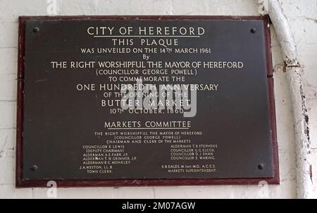 Stadt Hereford, Marktplakette, hundertjähriges Jubiläum, 1860 1960, Markthalle, High Town, Hereford, England, Großbritannien, HR1 2AA Stockfoto