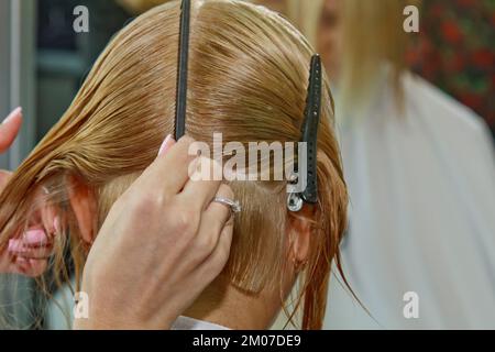 Frau mit mittellangem blondem Haar. Mit einem kurzen Haarschnitt beim Friseur beim Stylist mit einer Schere. Pflegeverfahren. Der Meister verkürzt seine Ha Stockfoto