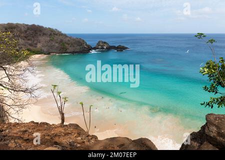 Wunderschöne Aussicht von oben auf die Bucht von Praia do Sancho in Fernando de Noronha, mit Felsen und Pflanzen im Vordergrund Stockfoto