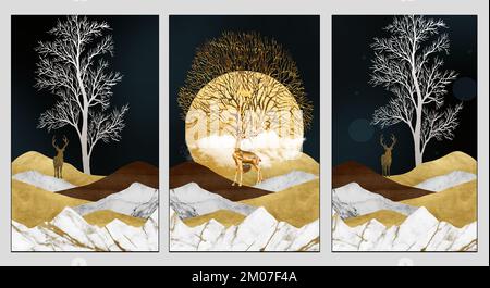 3 Wandrahmen Leinwand Art. Weihnachtsbäume, Hirschmarmorberge und ein goldener Mond im dunklen landschaftshintergrund der 3D jahre Stockfoto
