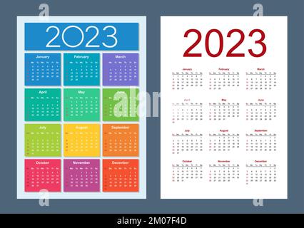 Farbenfroher Kalender für 2023 Jahre. Die Woche beginnt am Sonntag. Vertikal. Isolierte Vektordarstellung. Stock Vektor