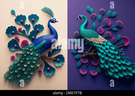 pfau auf Asttapete. Farbenfrohe Blumen, 3D Wandhintergrund. Wandleinwand Posterkunst Stockfoto