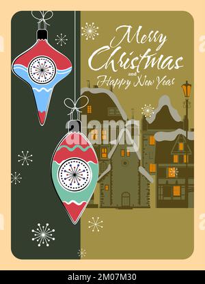 Retro Frohe Weihnachten Grußkarte, Hintergrund. Weihnachtsbälle, Winterstadt Stock Vektor