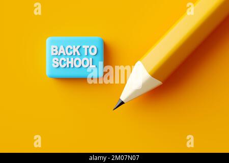 Bleistift und Radierer mit der Botschaft zurück zur Schule. Bildungskonzept. 3D-Rendern. Stockfoto