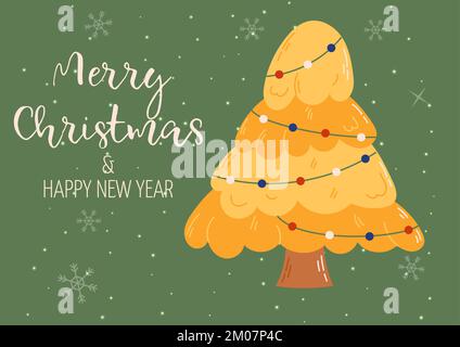 Groovy Weihnachtskarte mit weihnachtsbaum. Konzept für Weihnachten und Neujahr. Gut geeignet für Grußkarten, Einladungen, Banner, Webdesign. Stock Vektor