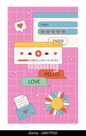 Moderne Retro-Poster. Geschichten und Beiträge in sozialen Medien mit alten computerästhetischen Benutzeroberflächenelementen. Vektormaterialgrafiken Stock Vektor
