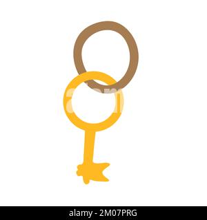 Hand mit goldenem Schlüssel. Design der wichtigsten Erkenntnisse. Clipart-Bild isoliert auf weißem Hintergrund, Stock Vektor