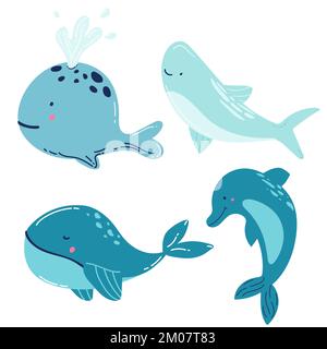 Gruppe von Blauwalen, Haien, Pottwalen, Delfinen, Belugawalen, Narwal-Killerwale. Cartoon-Vektorgrafiken. Stock Vektor