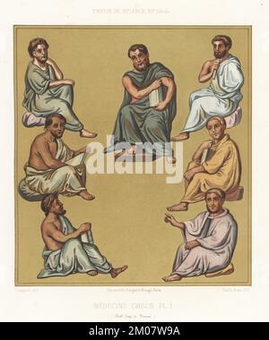 Porträts griechischer Arzte, Byzantinisches Reich, 6.. Jahrhundert. Galen (c. 129-200) auf einem Stuhl in der Mitte. Links: Crateuas oder Krateuas (ca. 2.. Jahrhundert v. Chr., oben), Apollonius Mys (1.. Jahrhundert v. Chr., Mitte) und Andreas (verstorben ca. 217 v. Chr., unten). Rechts: Dioscurides (ca. 40-90 AD, oben), Nicander (197-130 BC, Mitte) und Rufus von Ephesus (ca. 53-117 AD, unten). Medecins Grecs, Empire de Byzance, Vie Siecle. Bibliotheque Imp. De Vienne. Chromolithograph von Emile Beau nach einer Illustration von Claudius Joseph Ciappori aus Charles Louandres Les Arts Somptuaires, The Sumptuary Arts, Hangard-Mauge, P. Stockfoto