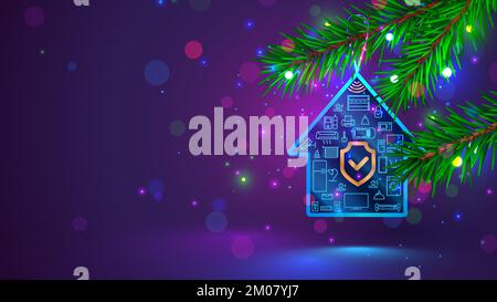 Intelligentes Zuhause in Form von weihnachtsbaumschmuck mit Ikonen für Haushaltsgeräte. Online-Verkauf VON IOT- und Smart-Home-Systemen zu weihnachten und Stock Vektor