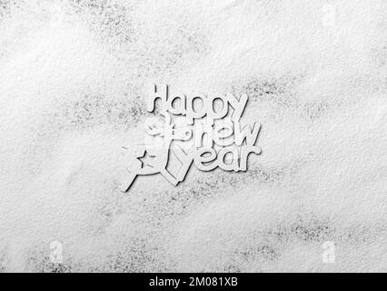 Inschrift Happy New Year on the Snow (Frohes neues Jahr im Schnee). Stockfoto