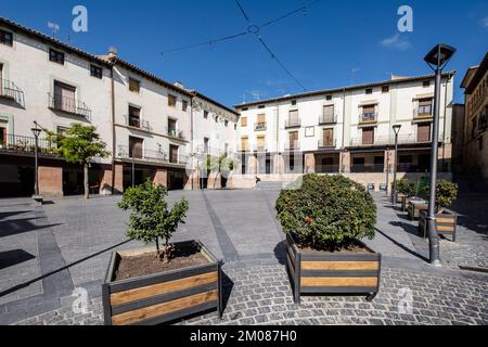 Hauptplatz mit Töpfen im Vordergrund, Ejea de los Caballeros, Cinco Villas, Aragon, Spanien Stockfoto
