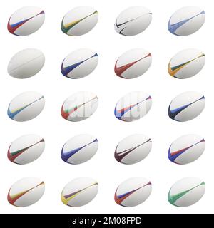 Eine Kollektion weißer strukturierter Rugby-Bälle mit verschiedenen Farben auf einem isolierten Hintergrund – 3D-Rendering Stockfoto