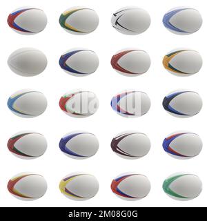 Eine Kollektion weißer strukturierter Rugby-Bälle mit verschiedenen Farben auf einem isolierten Hintergrund – 3D-Rendering Stockfoto
