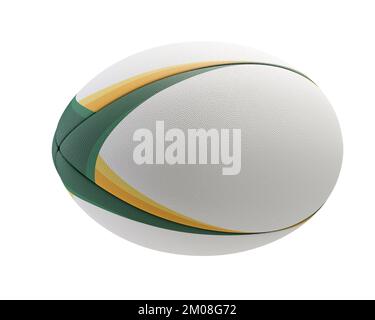 Ein weiß strukturierter Rugby-Ball mit farbigen Designelementen auf einem isolierten Hintergrund – 3D-Rendering Stockfoto