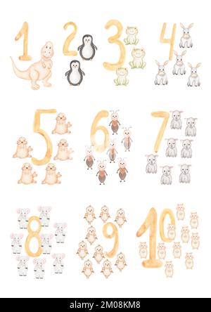 Wasserfarbenes, kindliches Poster mit niedlichen Tieren und Zahlen. Babyfiguren in Beige. Einrichtung eines Kinderzimmers. Perfekt für Einladungen und Grußkarten Stockfoto