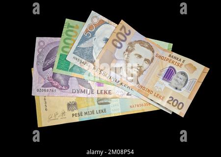 Lek, Banknoten der albanischen Währung in 200-, 500-, 1000-, 2000- und 5000-Banknoten, Albanien, Europa Stockfoto