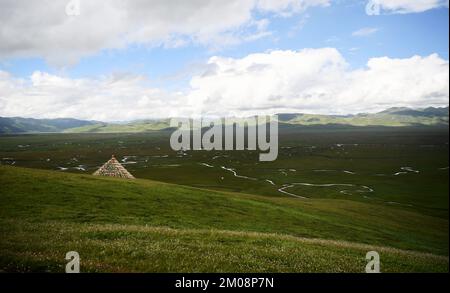 (221205) -- LANZHOU, 5. Dezember 2022 (Xinhua) -- Dieses Luftfoto wurde am 31. Juli 2018 aufgenommen und zeigt einen Blick auf Grasland und das Feuchtgebiet Awancang im Bezirk Maqu, Gannan Tibetan Autonomous Prefecture der nordwestchinesischen Provinz Gansu. Der diesjährige Weltbodentag fiel am Montag. Das Maqu County liegt am nordöstlichen Rand des Qinghai-Tibet-Plateaus und verfügt über zahlreiche Graslandschaften und Feuchtgebiete, die vor dem Ende des 20.. Jahrhunderts stark unter Degeneration und Wüstenbildung gelitten haben. Dank einer Reihe von Programmen zur Erhaltung der Umwelt und zur Bodenverbesserung in den letzten Jahren, ein Substrat Stockfoto