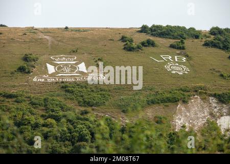 Fovant Regimental Abzeichen in der Chalk hang Fovant Wiltshire England geschnitten. Stockfoto