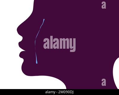Weinende Frau. Minimalistische Silhouette eines Frauengesichts. Eine Träne fällt auf die Wange. Traurigkeit Konzept Art. Stockfoto