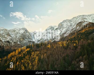 Ein Blick aus der Vogelperspektive auf die schneebedeckte Bergseite in der Nähe von Ebensee, Österreich Stockfoto