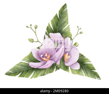 Aquarell rosafarbene Orchideenblumen mit grünen Palmenblättern. Handgezeichnete Illustration mit exotischen tropischen Pflanzen. Botanische Zeichnung mit Blumenstrauß für Grußkarten oder Hochzeitseinladungen. Stockfoto