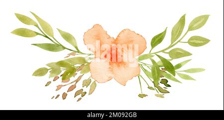 Aquarell abstrakte orangefarbene Blume mit grünen Blättern. Handgezeichnete Illustration eines Blumenstraußes für Grußkarten oder Hochzeitseinladungen. Botanisches Zeichnen auf isoliertem Hintergrund. Eine alte Skizze. Stockfoto