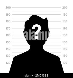 Vorderansicht der verdächtigen Silhouette. Silhouette eines anonymen Mannes mit Fragezeichen im Vorstrafenregister oder Polizeiserie. vektor illustr Stock Vektor