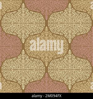 Abstraktes Ogee-Laub-Vektor-nahtloser Musterhintergrund mit handgezeichneten dichten Zierblättern. Braunes elegantes geometrisches Blattdesign im Damaststil Stock Vektor