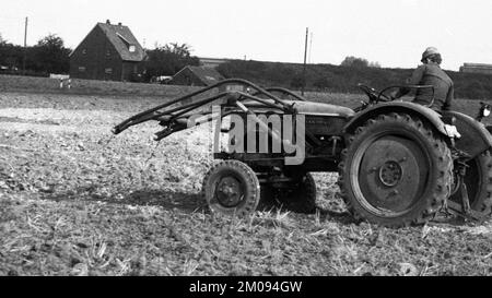 Bauern, die auf den Feldern in Muensterland auf 10.09.1971, Deutschland, Europa arbeiten Stockfoto