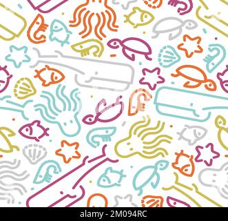 Meerestiere legen nahtlos ein lineares Muster fest. Hintergrund Kraken und Schildkröten, Fisch und Garnelen. Wale und Seesterne. Meerestier Dekoration von Kindergewebe Stock Vektor