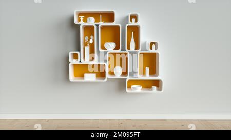 Weißes Wandregal mit weißen Vasen und weißen Gegenständen auf Holzboden - 3D-Rendering Stockfoto