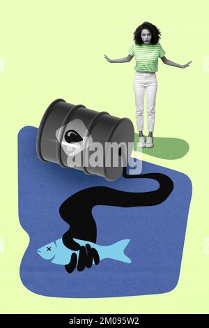 Vertikales Collagenbild mit beeindruckenden Mini-Schwarz-Weiß-Farben Mädchen-Look Öl-Fass-Leck-Wasser-Handgriff Fisch isoliert auf kreativem Hintergrund Stockfoto