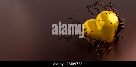 Schokoladenherz Gold Herz in flüssiger Schokolade Valentinstag Hintergrund valentinsschokolade Liebe Stockfoto