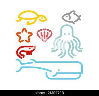 Meerestiere stellen ein lineares Symbol ein. Tintenfisch und Schildkröte, Fisch und Garnelen. Wale und Seesterne. Schild mit der Linie für Meerestiere Stock Vektor