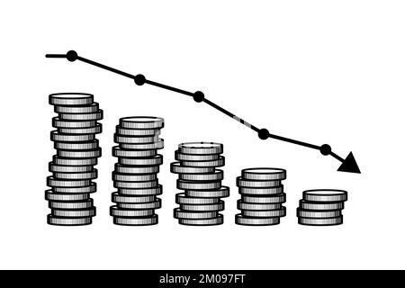 Finanzielle Insolvenz, erbliche Börse, Geschäftsverluste und verlorene Investitionen. Absteigender Münzstapel als Teil des Finanzdiagramms. Vektordarstellung Stock Vektor