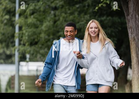 Fröhliches, multiethnisches Paar in Kapuzenpullover, das Händchen hält, während es im grünen Park spaziert Stockfoto