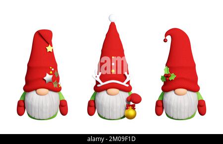 Skandinavischer Weihnachtszwerg mit langem weißem Bart und dekoriertem rotem Hut, 3D-Bild-Set. Stockfoto