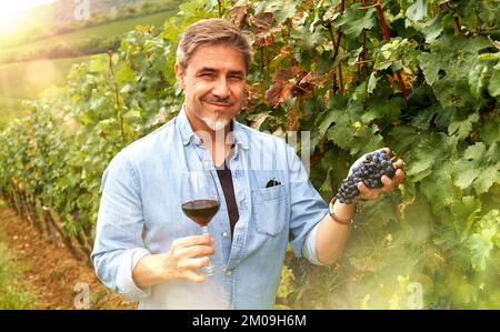 Porträt eines glücklichen Mannes im Weinberg mit einem Glas Rotwein. Winzer, Agrarunternehmer, Besitzer, Winzer. Stockfoto